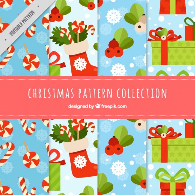 Set de patrones de objetos navideños en diseño plano
