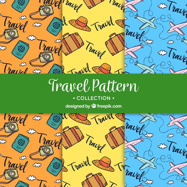 Set de patrones de viaje dibujados a mano 