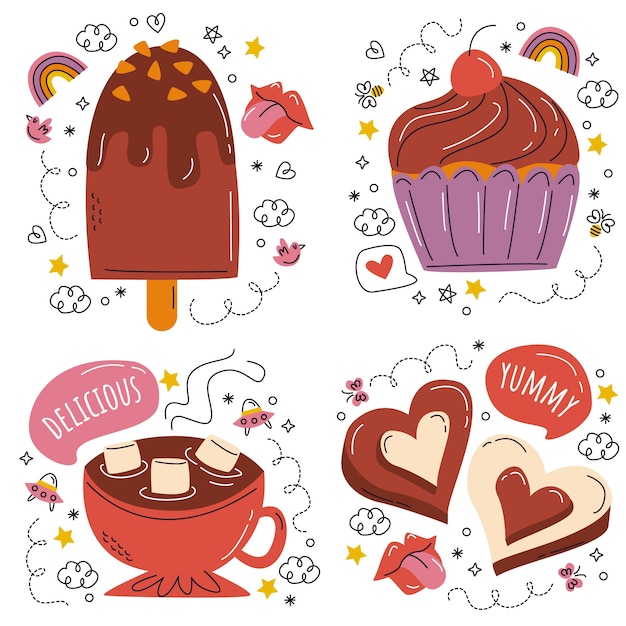 Vector gratuito set de pegatinas de chocolate con garabatos dibujados a mano