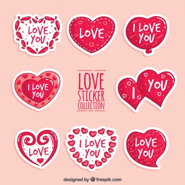 Vector gratuito set de pegatinas de corazones con mensajes de amor