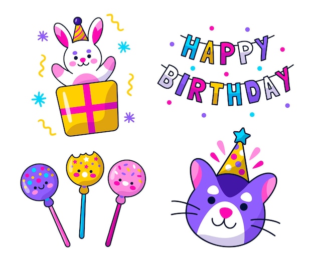 Vector gratuito set de pegatinas de cumpleaños kawaii