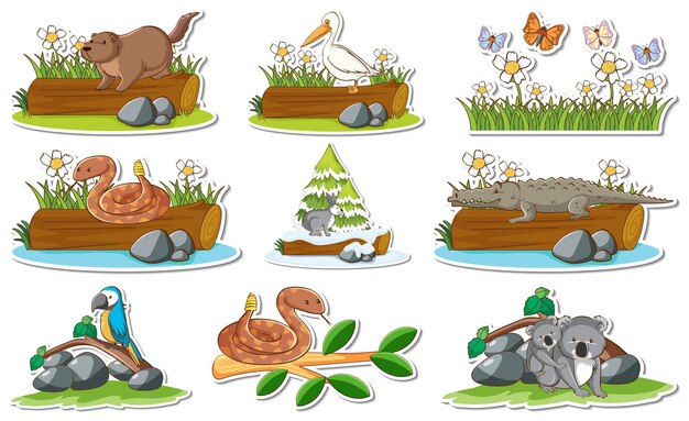 Set de pegatinas con diferentes animales salvajes y elementos de la naturaleza.
