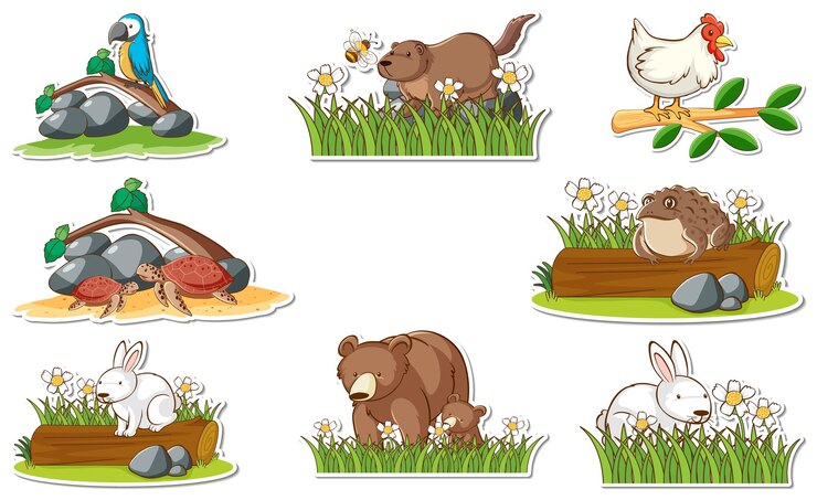 Vector gratuito set de pegatinas con diferentes animales salvajes y elementos de la naturaleza.