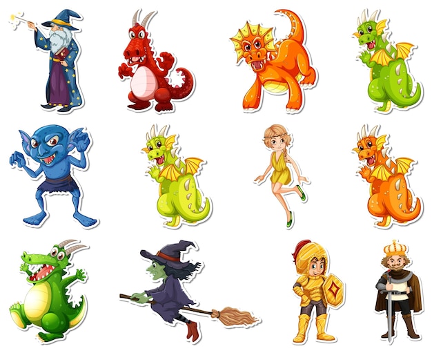 Set de pegatinas con diferentes personajes de dibujos animados de cuento de hadas.