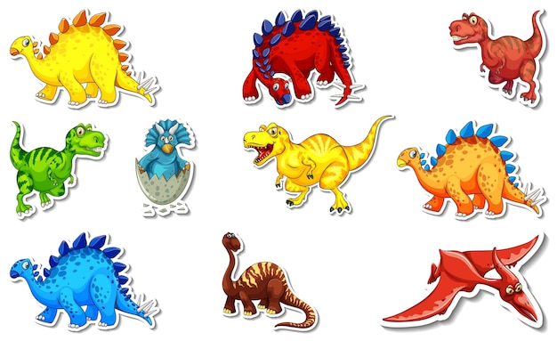 Set de pegatinas con diferentes tipos de personajes de dibujos animados de dinosaurios.