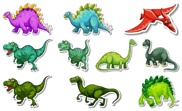 Set de pegatinas con diferentes tipos de personajes de dibujos animados de dinosaurios.
