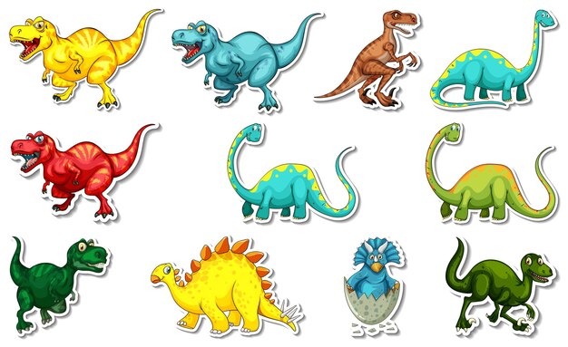 Set de pegatinas con diferentes tipos de personajes de dibujos animados de dinosaurios.