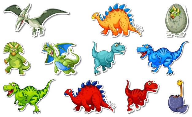 Vector gratuito set de pegatinas con diferentes tipos de personajes de dibujos animados de dinosaurios.