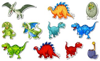 Vector gratuito set de pegatinas con diferentes tipos de personajes de dibujos animados de dinosaurios.