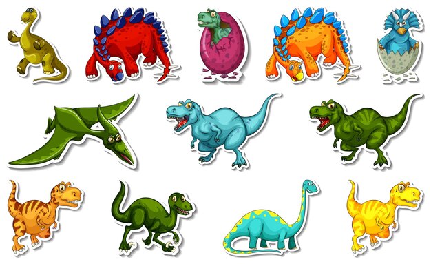 Set de pegatinas con diferentes tipos de personajes de dibujos animados de dinosaurios.