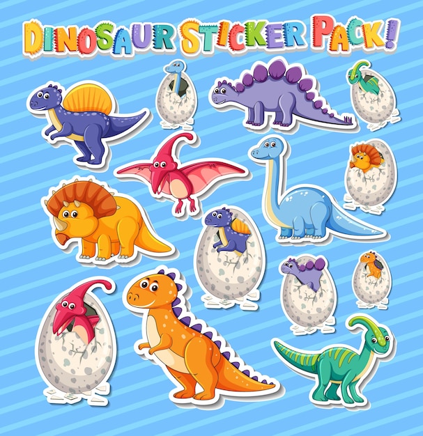 Vector gratuito set de pegatinas con diferentes tipos de personajes de dibujos animados de dinosaurios.