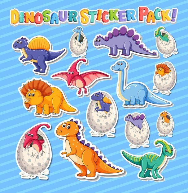 Set de pegatinas con diferentes tipos de personajes de dibujos animados de dinosaurios.