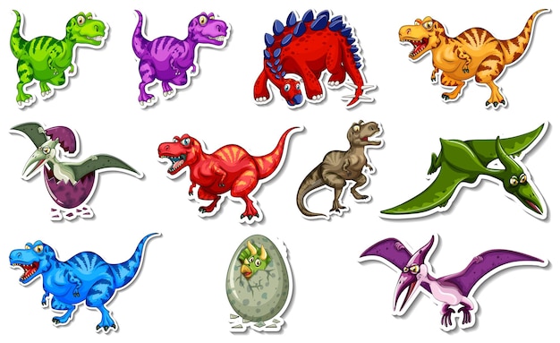 Set de pegatinas con diferentes tipos de personajes de dibujos animados de dinosaurios.