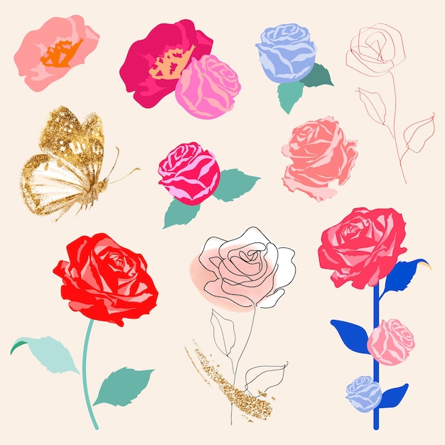 Set de pegatinas florales de rosas de colores