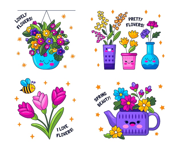 Vector gratuito set de pegatinas de flores kawaii