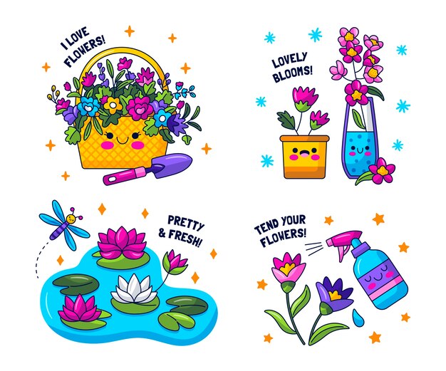 Set de pegatinas de flores kawaii