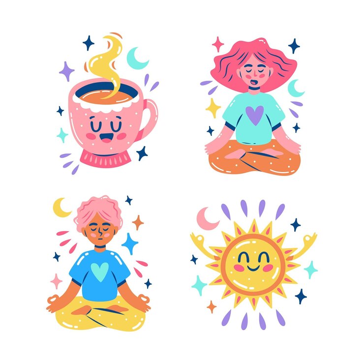 Vector gratuito set de pegatinas de meditación deslumbrantes