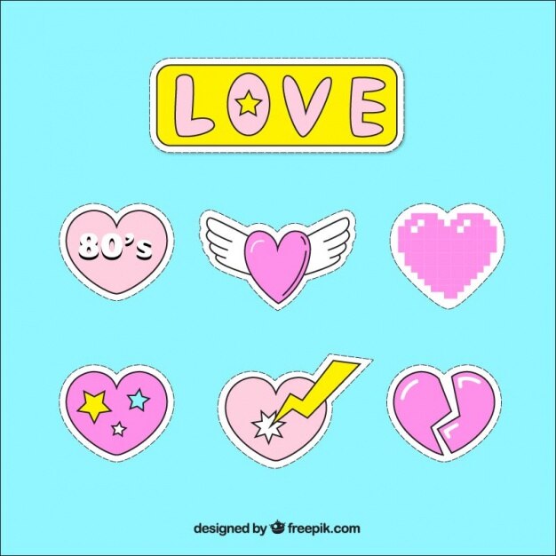 Vector gratuito set de pegatinas ochenteras de corazones dibujadas a mano 