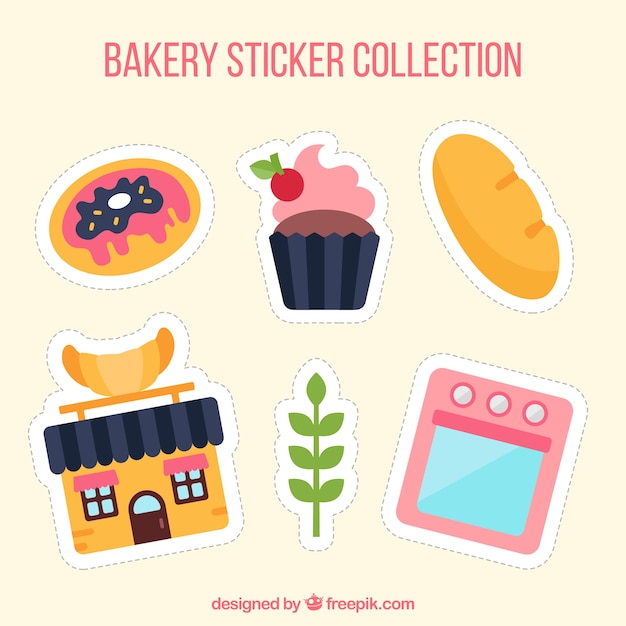 Vector gratuito set de pegatinas de panadería con dulces y pan