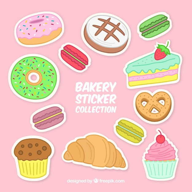 Vector gratuito set de pegatinas de panadería con dulces y pan