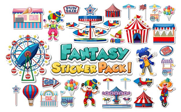 Set de pegatinas con parque de atracciones y objetos de parque de atracciones.