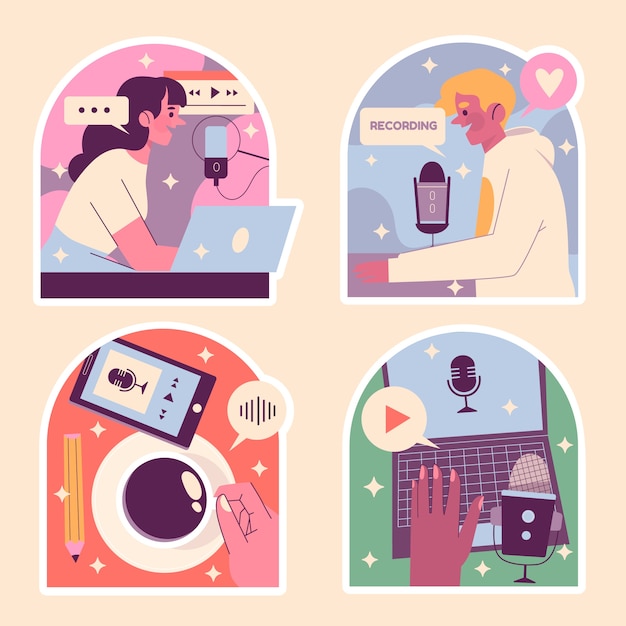 Vector gratuito set de pegatinas de podcast de estilo ingenuo