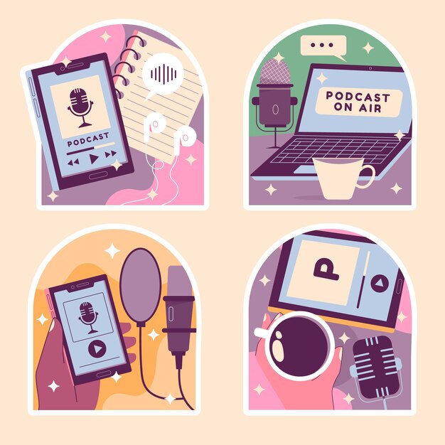 Set de pegatinas de podcast de estilo ingenuo