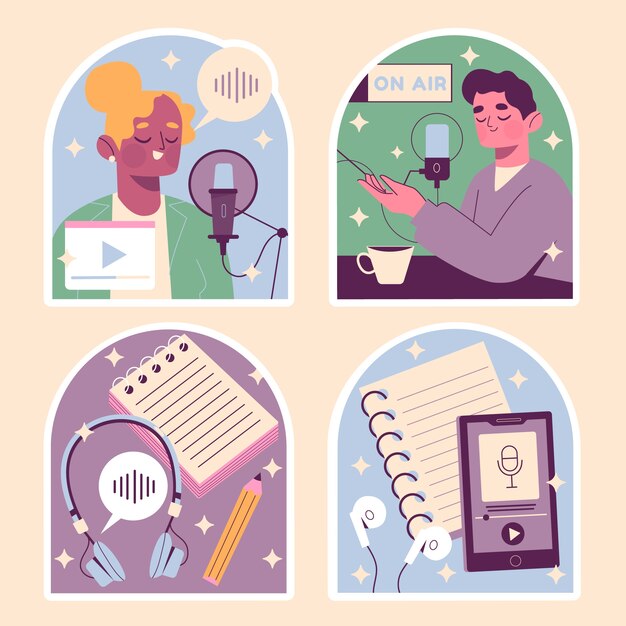 Set de pegatinas de podcast de estilo ingenuo