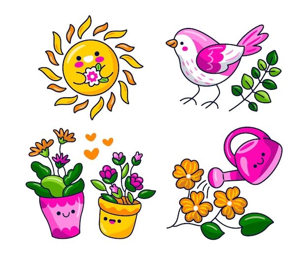 Ilustración De Pegatinas De Flores De Primavera. Elementos