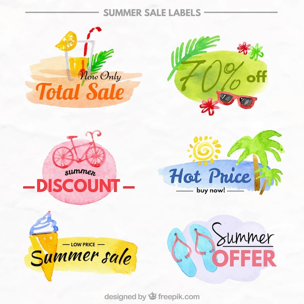 Vector gratuito set de pegatinas de rebajas de verano en efecto acuarela