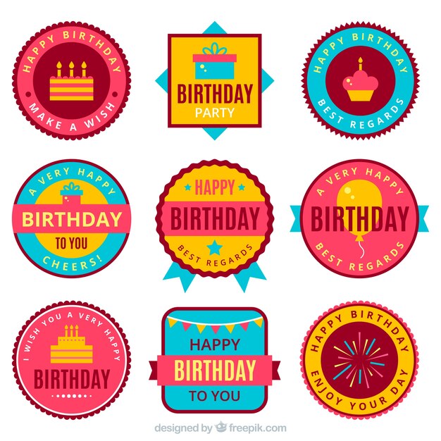 Set de pegatinas retro de fiesta de cumpleaños en diseño plano 