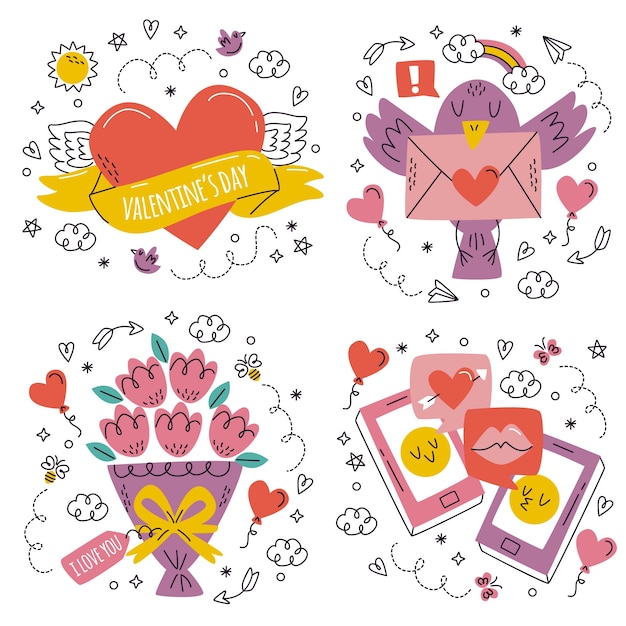 Set de pegatinas de san valentín dibujadas a mano