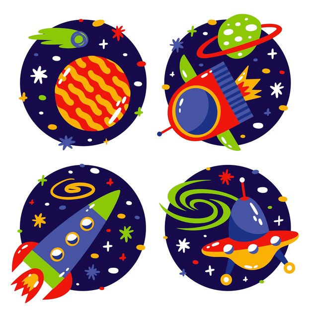 Set pegatinas universo plano dibujado a mano
