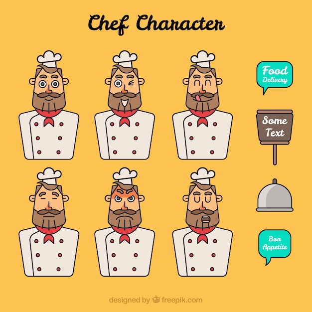 Vector gratuito set de personaje de chef con gestos faciales