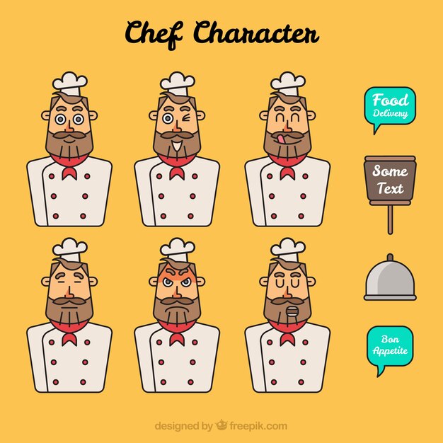 Set de personaje de chef con gestos faciales