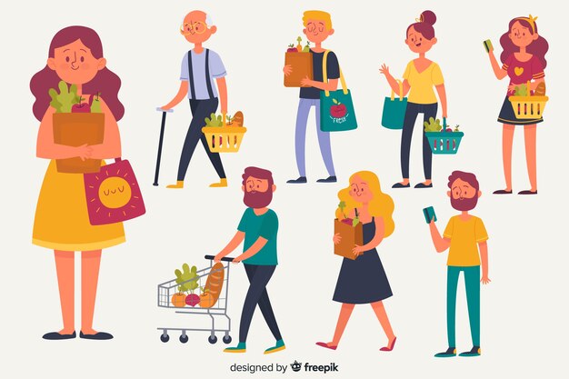 Set de personajes comprando comida