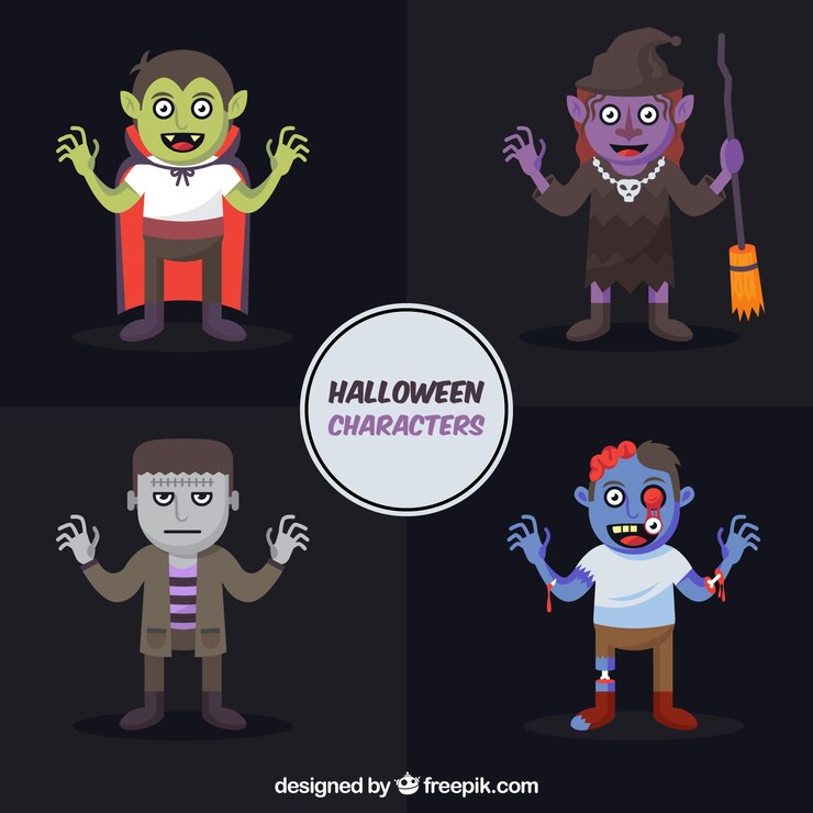 Vector gratuito set de personajes de fiesta de halloween en diseño plano