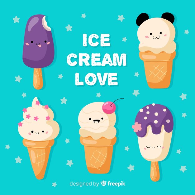 Set personajes de helado kawaii dibujados a mano