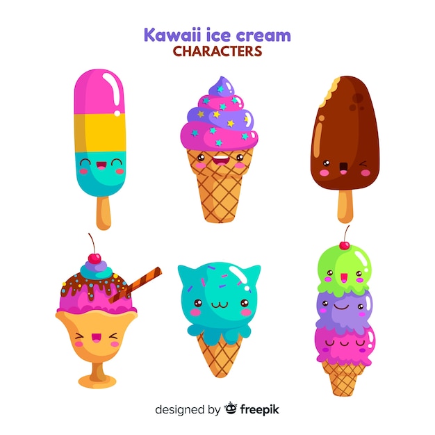 Set personajes de helado kawaii dibujados a mano