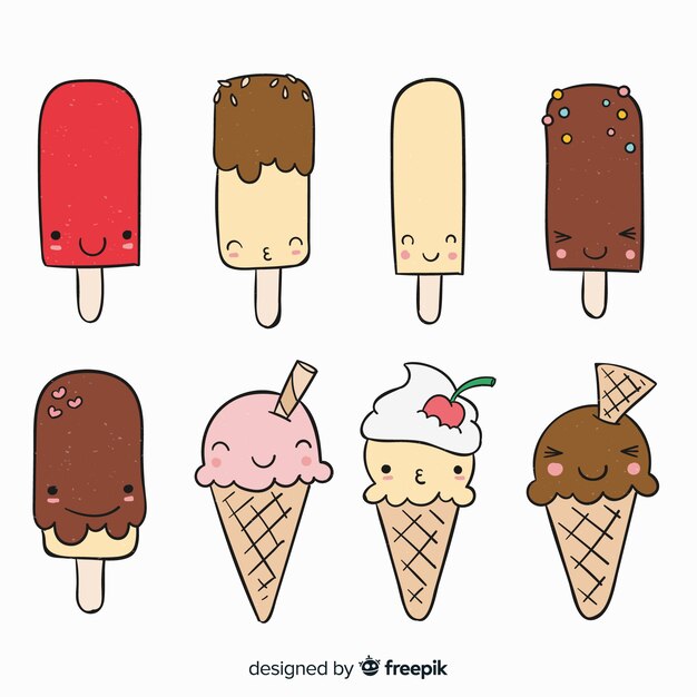 Vector gratuito set personajes de helado kawaii dibujados a mano