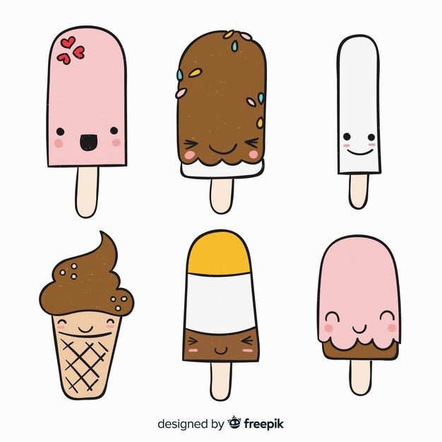 Set personajes de helado kawaii dibujados a mano