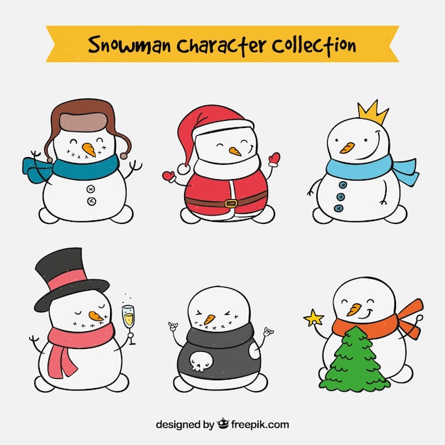 Set de personajes de muñecos de nieve dibujados a mano 