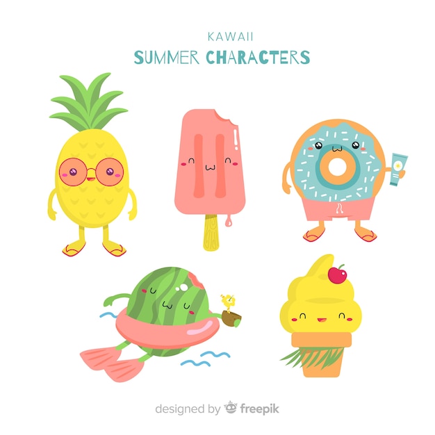 Set de personajes veraniegos de estilo kawaii