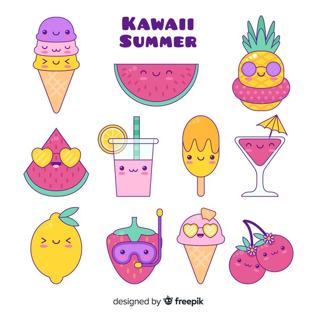 Set de personajes veraniegos de estilo kawaii