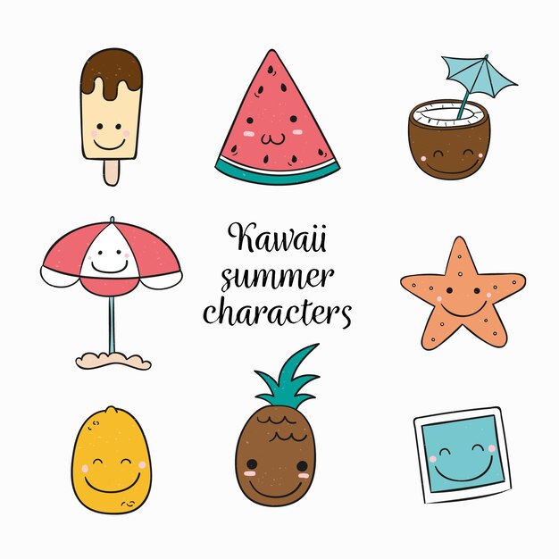 Set de personajes veraniegos en estilo kawaii