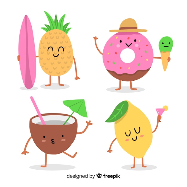 Vector gratuito set de personajes veraniegos de estilo kawaii