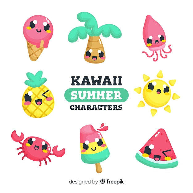 Set de personajes veraniegos de estilo kawaii
