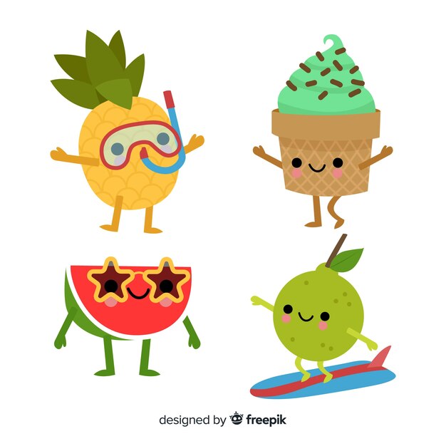 Set de personajes veraniegos de estilo kawaii