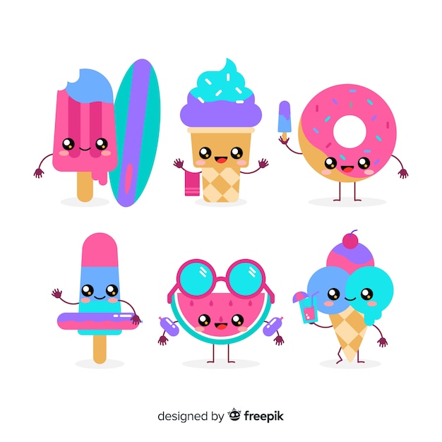 Vector gratuito set de personajes veraniegos de estilo kawaii