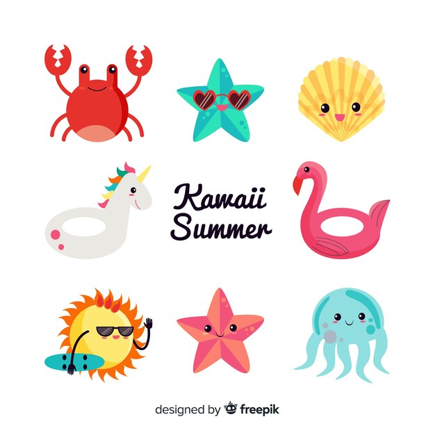 Set de personajes veraniegos en estilo kawaii